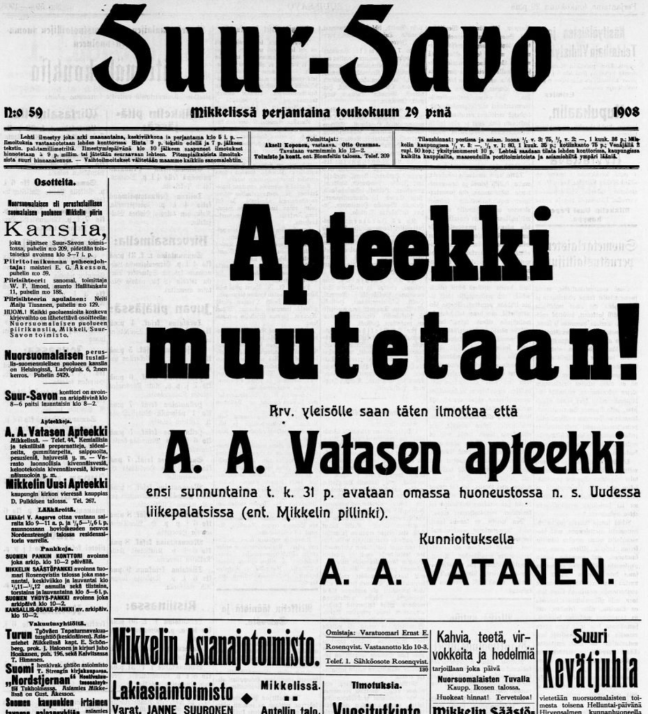 Apteekkari Anders Adiel  Watasen ilmoitus Jukka Hirvosen kokoelmista.
