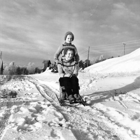 Silja Vatasen tyttären lapset Merja ja Marjatta Ruissalossa 1958.